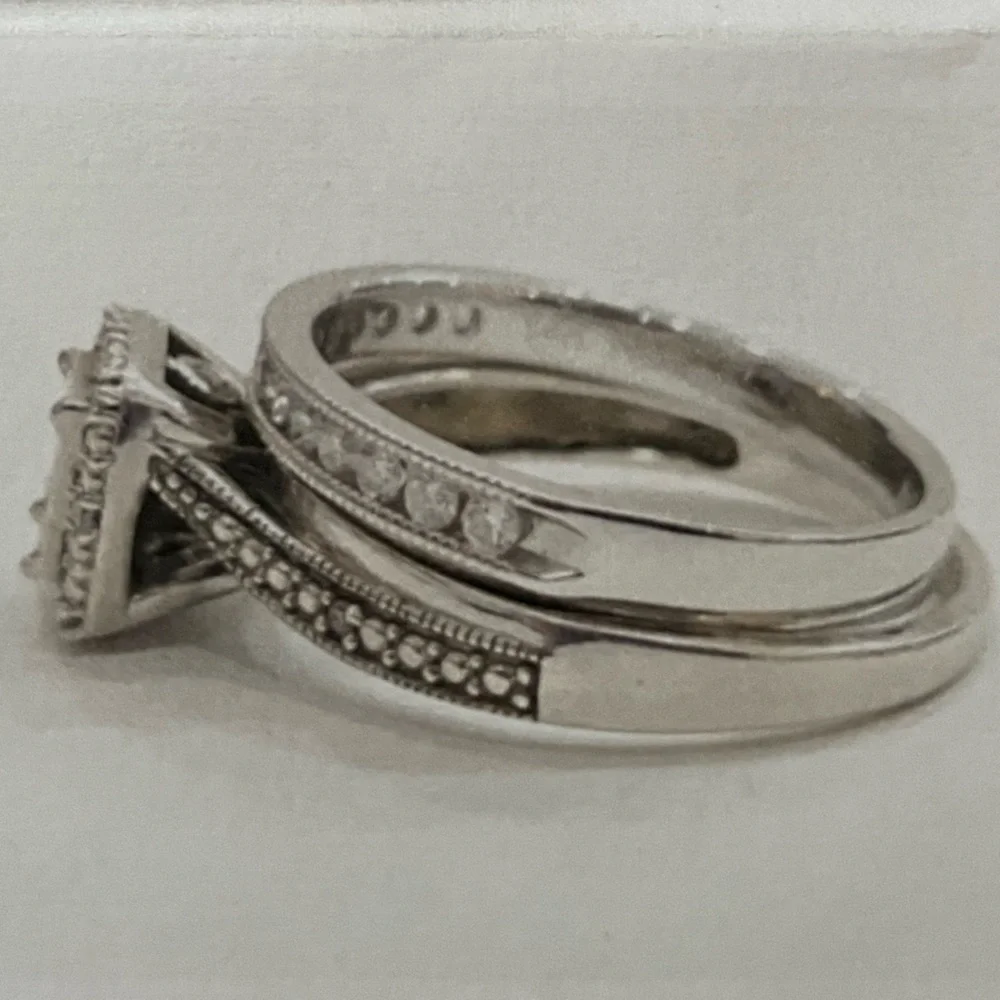 925 Sterling Silver & 14KT White Gold Diamond Engagement Ring & Wedding Band Set